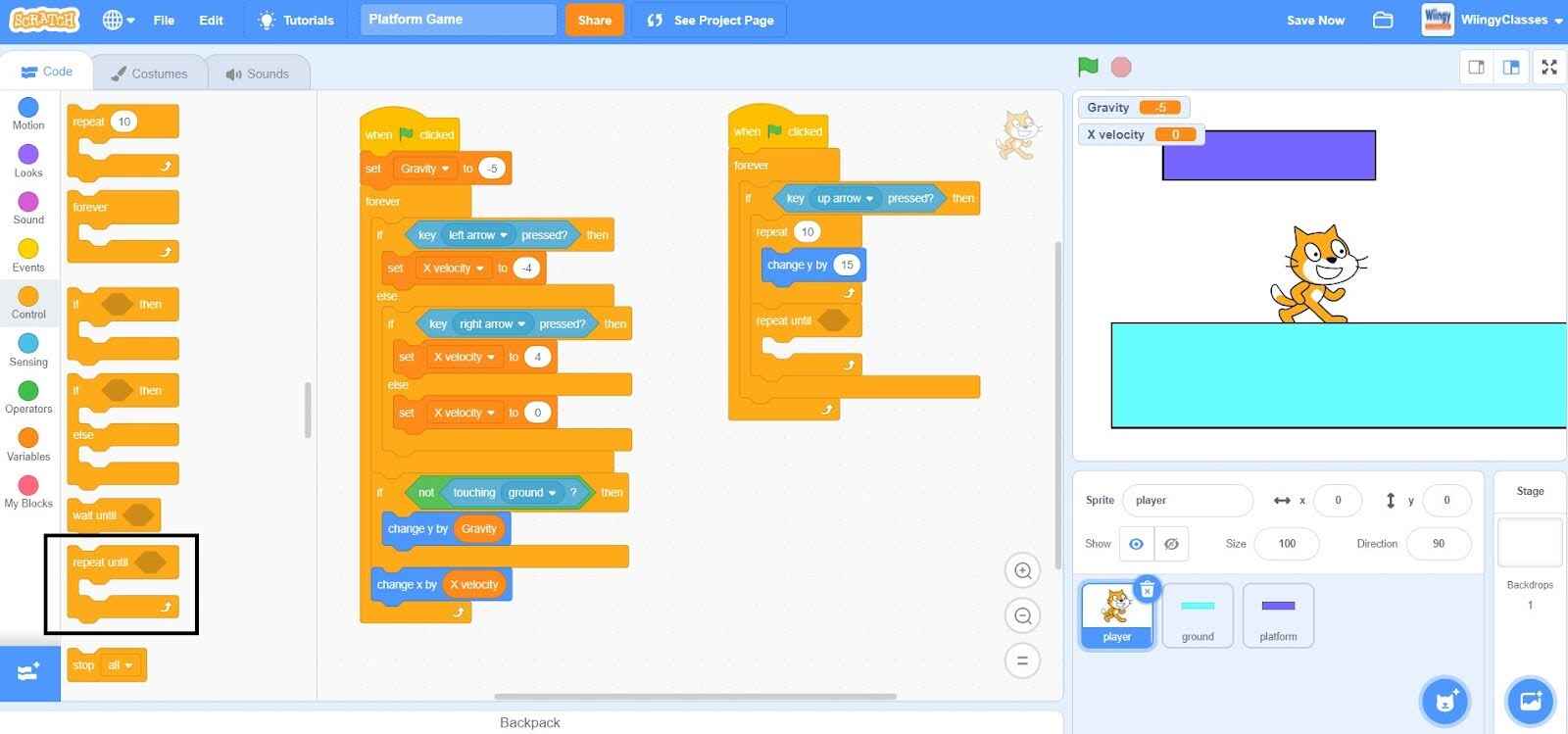 select the ‘repeat until ( )’ block, drag it to the coding area